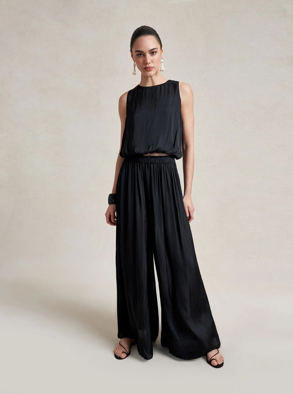La Ligne Navy Blue Fleur Fluid Wide Leg Silk Pull On Pants Size Small